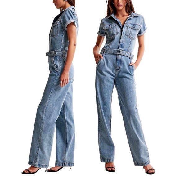 Abercrombie & Fitch 90s Relaxed Cinched Waist Blue Denim Jumpsuit Small (Tall) - Picture 2 of 14